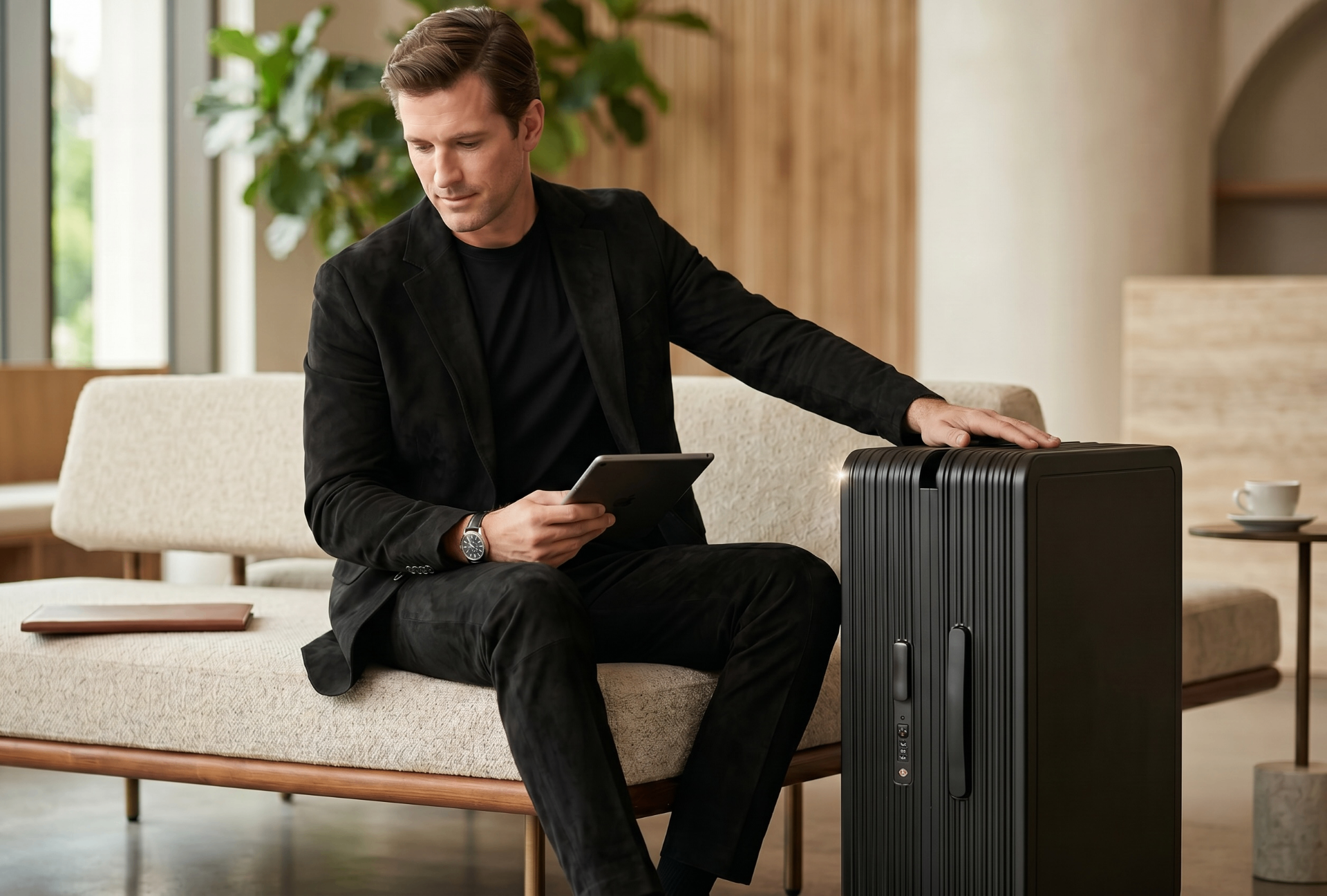 Traveler with Corgage suitcases