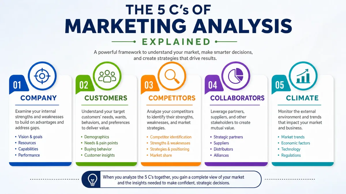 The 5 C's of Marketing Analysis Explained — illustrated data analysis guide from Corgage